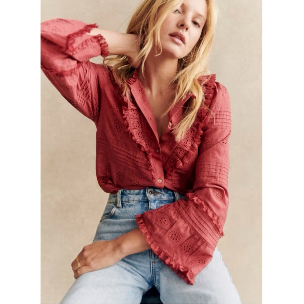 SEZANE Rosewood Floral Eyelet Embroidered Pleated Ruffle Bell Sleeve Nele Top